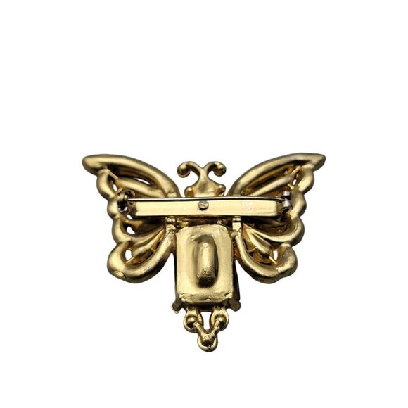 Antique Czech Glass Moth Brooch Red Clear Green Rhinestones Gold Tone - Picture 6 of 7